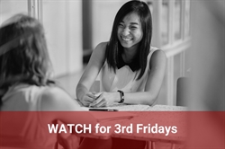[ai] A woman smiling and engaging in conversation while seated at a table. Another person is partially visible on the left side of the image. Below, the text "WATCH for 3rd Fridays" is displayed on a red banner.